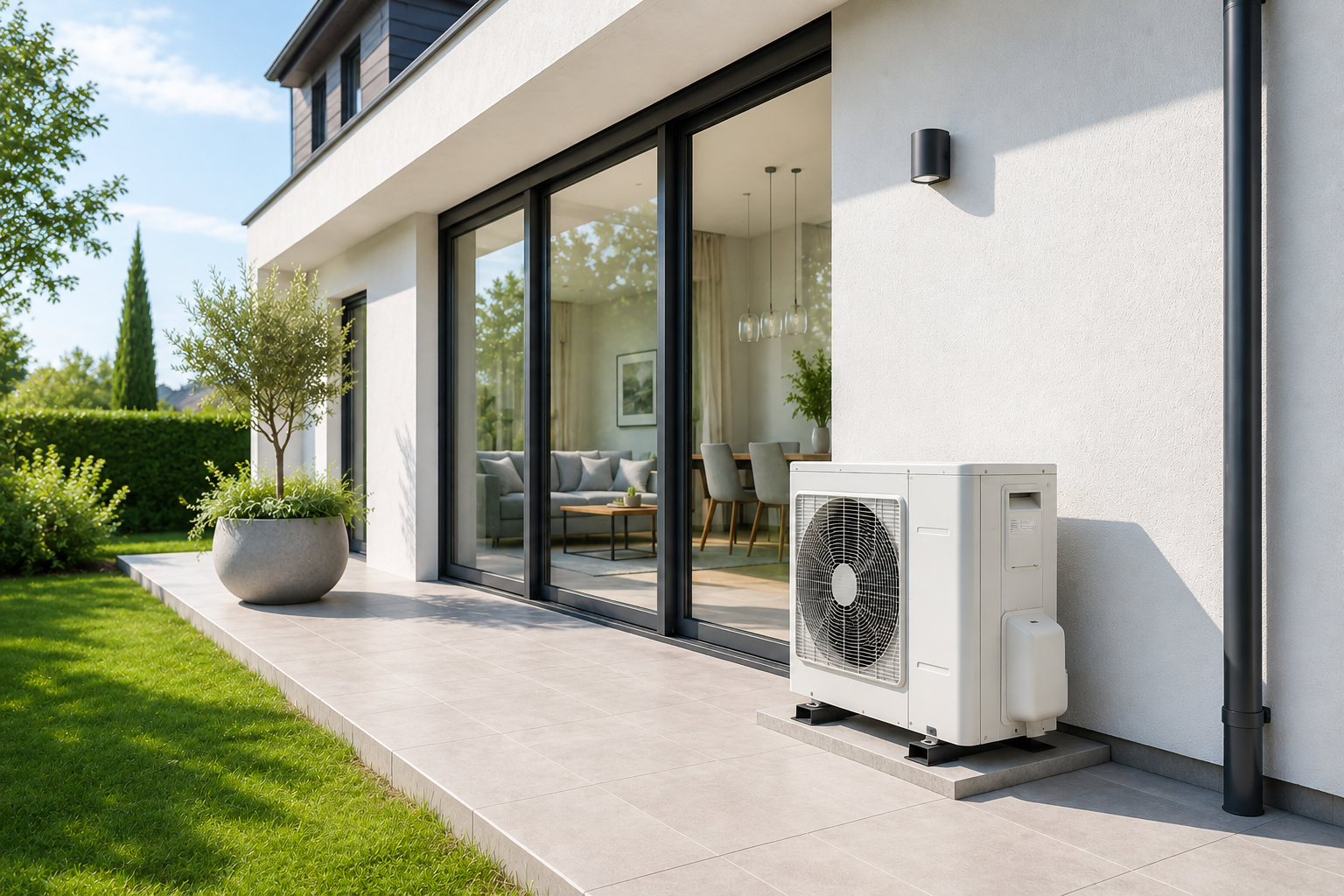 Pompe à chaleur air/eau installée contre la façade d’une maison moderne